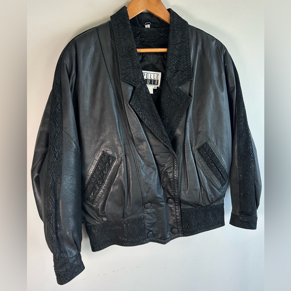 Pelle Cuir Women’s Leather Jacket M Snakeskin-textured Collar Cuffs EUC Vintage - Picture 2 of 13